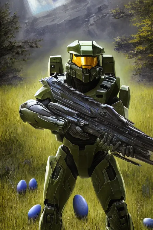 Prompt: master chief from halo 3 picking up easter eggs, easter, grass, oil on canvas, intricate, portrait, 8 k highly professionally detailed, hdr, cgsociety