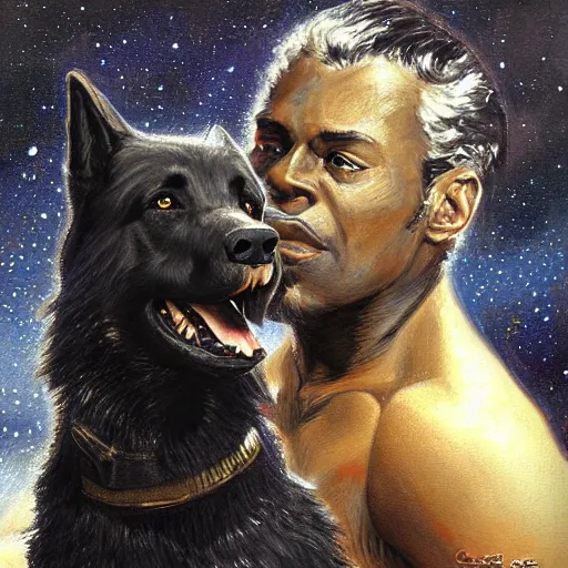 Image similar to a portrait of a black german shepard dogman man in swimsuit starfleet star trek risa. highly detailed painting by gaston bussiere craig mullins jc