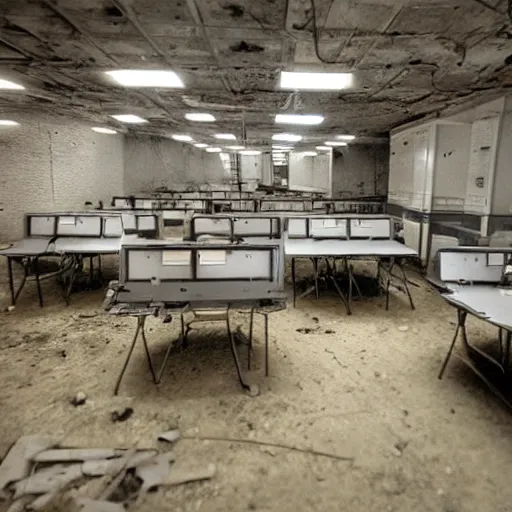 Image similar to wide angle shot of an abandoned computer lab from the 1 9 5 0 s