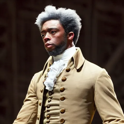 Image similar to a photo of Chadwick Boseman! dressed as John Adams in Hamilton live Broadway musical,