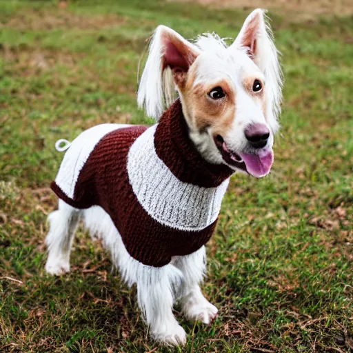 Image similar to photo realistic white and brown danish-Swedish farm dog wearing a knitted sweater, epic,