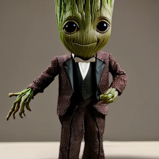Image similar to baby groot in a tuxedo