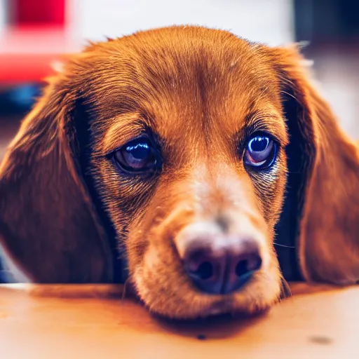 Image similar to macro image of a super cute dog puppy that is eating a cheeseburger