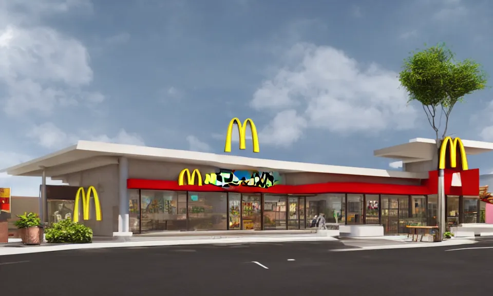 Image similar to exterior shot of a mcdonalds, abstract architecture, archviz, render, highly detailed, 4 k, surrealistic, ultra realism