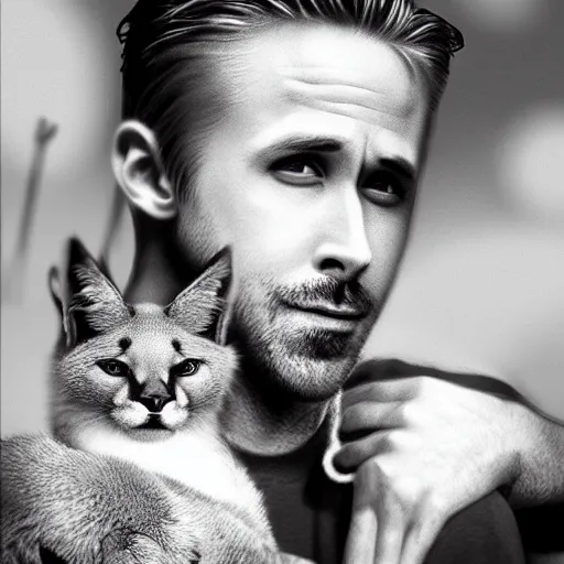 Image similar to Ryan Gosling holds a caracal cat in his hands, ultra highly detailed, smooth, sharp focus, elegant, artstation