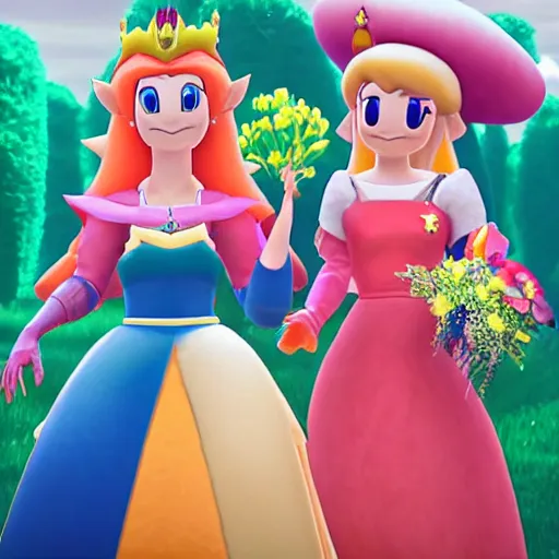 Image similar to photograph of the lesbian wedding of princess peach and zelda circa 2 0 1 8