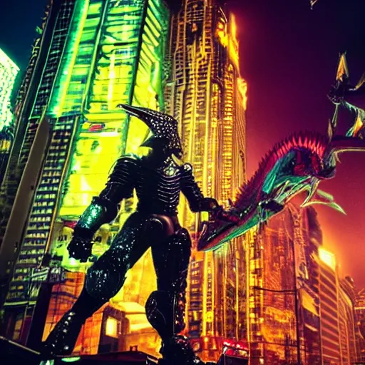 Prompt: futuristic knight fighting off a giant dragon in the middle of a cyberpunk neon city, wide - angle, photographed on colour expired film, detailed photograph