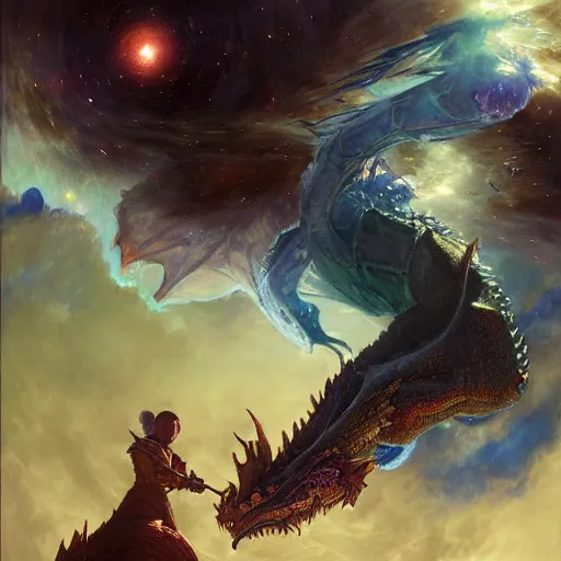 Prompt: Blue scaled chrystalline dragon devouring a planet in space, sun system, nebula, oil painting, by Fernanda Suarez and Edgar Maxence and Greg Rutkowski