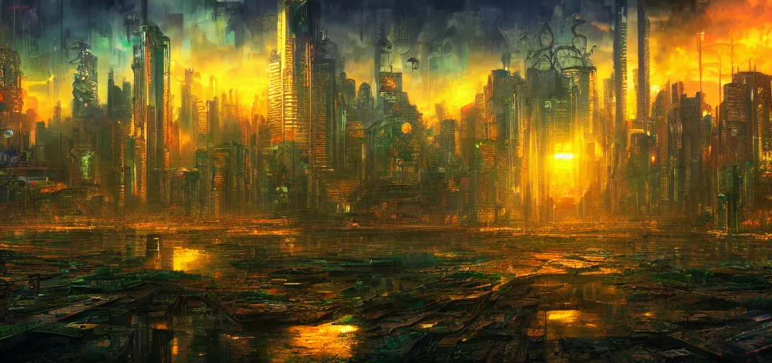 Image similar to an amazing deep painting of a cyberpunk world made of marijuana, intricate detail, sunset, idyllic, serene, volumetric lighting, 8 k, photorealistic, digital art trending on artstation