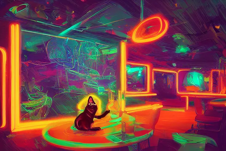 Image similar to a digital art of a cat sits on a chair in a luminous disco bar, animal, light effect, highly detailed, by anton fadeev