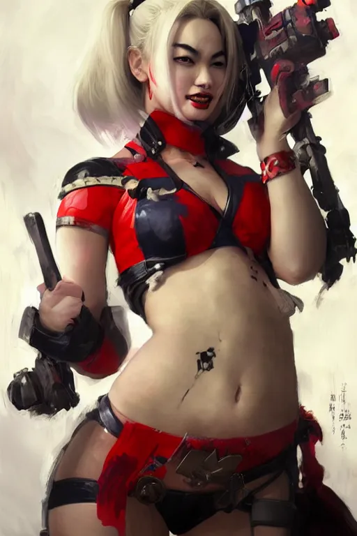 Image similar to portrait of asian Harley Quinn in bikini armor, dc comics, cyberpunk, Warhammer 40000, dark fantasy, digital art from artstation by Ruan Jia and Mandy Jurgens and Artgerm and william-adolphe bouguereau