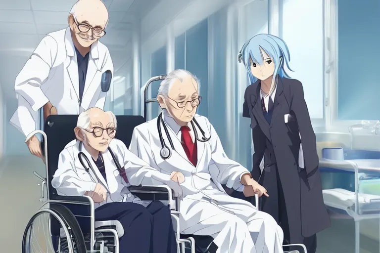 Prompt: a cute young female doctor wearing white coat, an old man of 80 years in a wheelchair, hospital ward, slice of life anime, cinematic, realistic, anime scenery by Makoto shinkai