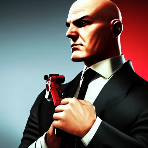 Image similar to a portrait of agent 4 7 from hitman wearing large headphones while pointing a silenced silver handgun, dark background, red rim light, smooth, sharp focus, art by irina french