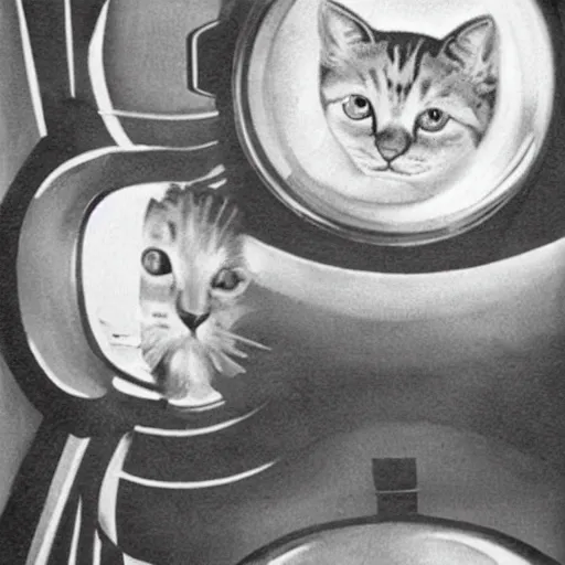 Image similar to photorealistic photograph from the 1940s of a kitty in a spaceship, realism, 1940s