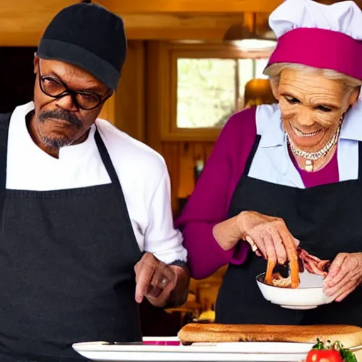 Image similar to Samuel L Jackson and Mary Berry cooking together