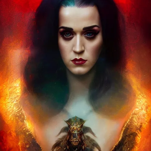 Image similar to majestic gracious regal katy perry brunette vampire portrait, atmospheric lighting, painted, menacing, intricate, volumetric lighting, beautiful, rich deep colours masterpiece, golden hour, sharp focus, ultra detailed, by leesha hannigan, ross tran, thierry doizon, kai carpenter, ignacio fernandez rios