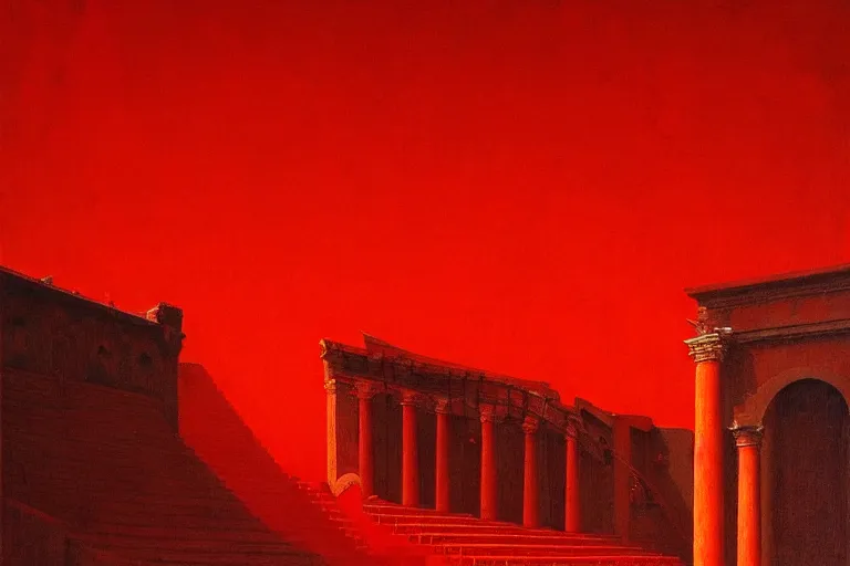 Image similar to only with red, a red melted emperor, taormina amphitheatre, crowd hails him, in the style of beksinski, parts by edward hopper, parts by rodcenko, parts by yue minjun, intricate and epic composition, red by caravaggio, insanely quality, highly detailed, masterpiece, red light, artstation, 4 k