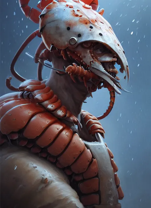 Prompt: subsurface scattering, white, lobster, centurion with face mask and plume, by jesper ejsing, justin gerard, tomasz alen kopera, cgsociety and fenghua zhong, highly detailed, rim light, cinematic lighting, illustration, art, octane render, very coherent, cinematic, hyper realism, high detail, octane render, 8 k