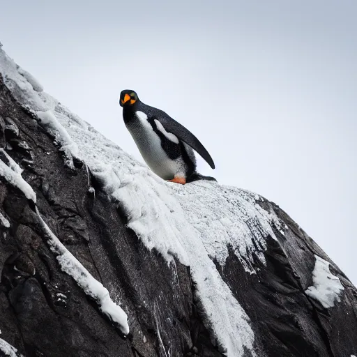 Image similar to penguin climbing the everest, canon eos r 3, f / 1. 4, iso 2 0 0, 1 / 1 6 0 s, 8 k, raw, unedited, symmetrical balance, in - frame