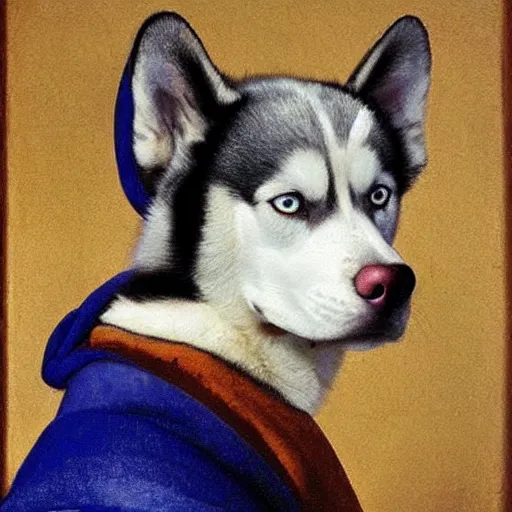 Prompt: A husky with a pearl earring by Johannes Vermeer