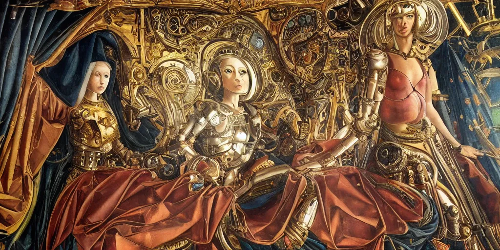 Image similar to beautifully painted mural of a mechanical cyborg king in ornate royal metallic fabric sitting in his royal throne room, piercing glowing eyes, sci fi scenery, fantasy setting, vogue cover poses, mural in the style of sandro botticelli, caravaggio, albrecth durer