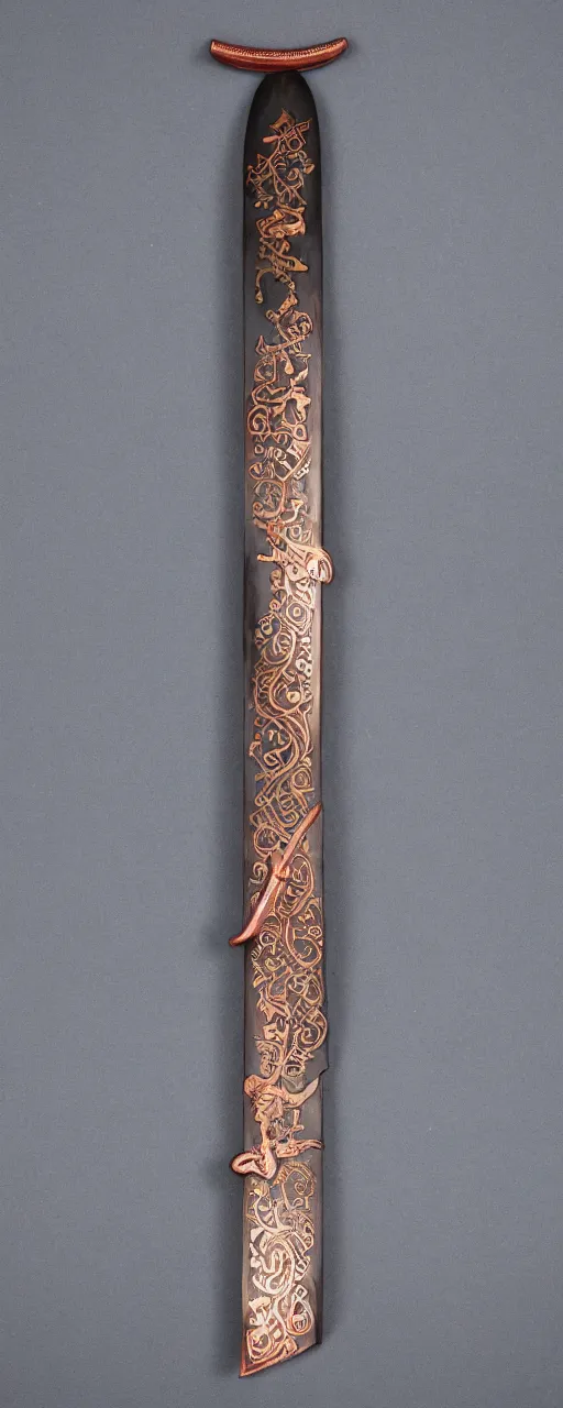 Prompt: copper sword with cyan roses and black runes on the blade, a large beautiful black hilt