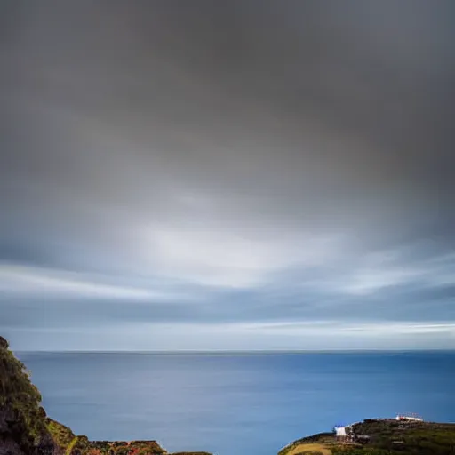 Image similar to micro - hurricane, blue hour, early night, deep blue atmosphere, overcast, low light, black and blue sky, sundown, scattered islands, sea, ocean, low pressure system, cloud with eye, very windy, late evening, distant hotel retreat on cliffside, shining lights on cliff side, polaroid photograph