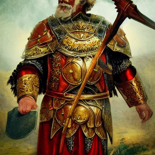 Image similar to a photo of an old man in a regal set of armor depicting a marijuana leaf on the chest. He is holding a mystic battle axe and he’s outside surrounded by horses