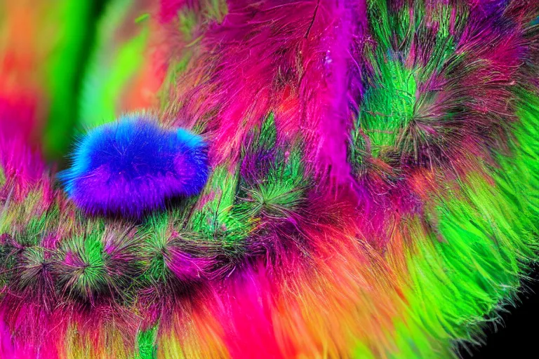 Prompt: an amazing fluffy caterpillar with psychedelic colors, macro photography, fiberous hairs and very detailed capture photography 8 k, sony, nikkon, cannon