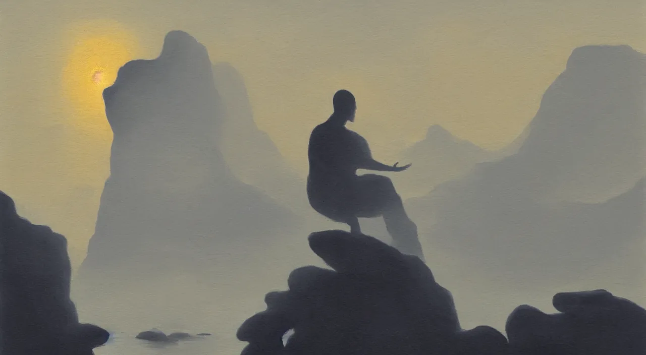 Image similar to anderson debernardi painted style a one silhouette of a meditating monk sitting in the fog on a stone protruding from the water in the rays of the morning sun