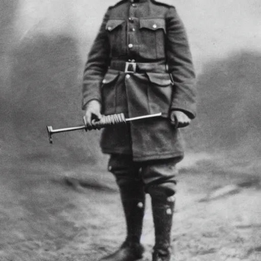 Image similar to a ww1 soldier holding a wooden toy rifle, black and white grainy photograph