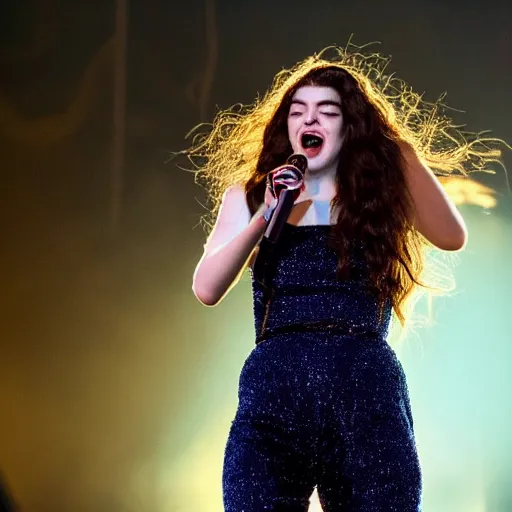 Prompt: lorde singing in a concert during a navy blue night