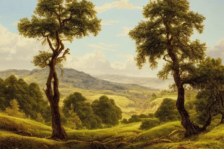 Image similar to masterpiece print of oak trees on a hillside overlooking a creek, by william seltzer rice