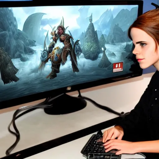 Prompt: Angry Emma Watson on her computer playing World of Warcraft