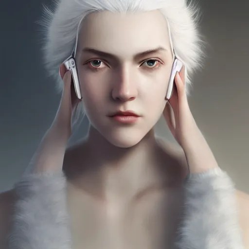 Image similar to a white haired girl wearing earmuffs with bionic eyes, digital art, 8 k resolution, unreal engine, highly detailed, pretty face, very beautiful face, very detailed eyes, photorealistic by wlop, greg rutkowski