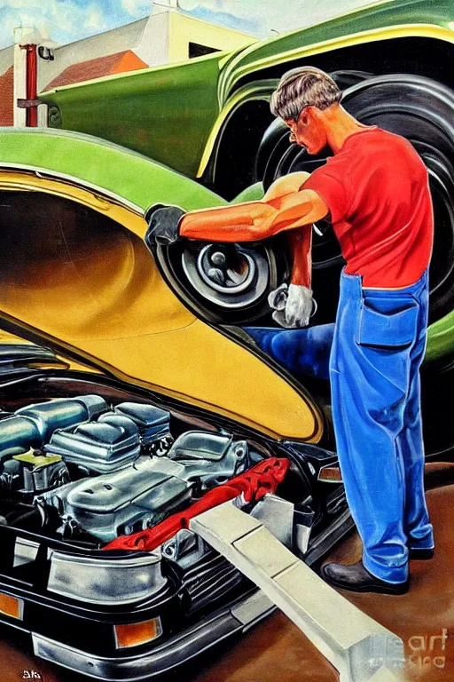 Image similar to muscular mechanic fixing a car engine painting by arnold armitage, cool colors,