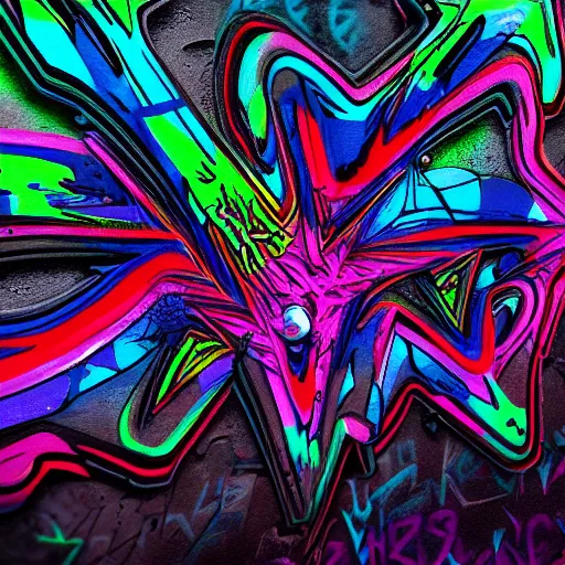 Image similar to a photograph of gritty psychedelic graffiti sprayed on a black background, concept art, 4 k, unreal render, octane, trending on artstation