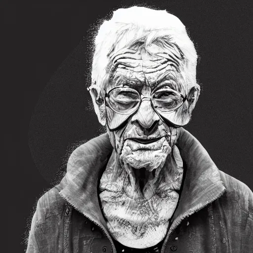 Image similar to detailed half body digital art of a old person wearing ragged and ruined clothes. the background is pure black with a little bit of glow behind the character