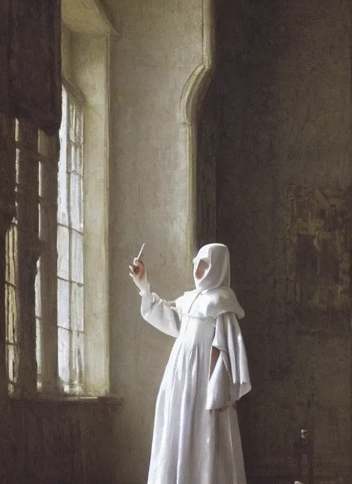 Prompt: medium shot, painting of white!! blurry!! half-transparent ghostly human figures in medieval clothes, dark academia aesthetic, Hogwarts, magic vibes, soft lighting, by George Roux, by Vermeer, by Monet, by oil on canvas, Royal Academy, masterpiece, trending on artstation, cinematic composition, dramatic pose, beautiful lighting, sharp, details, hyper-detailed, HD