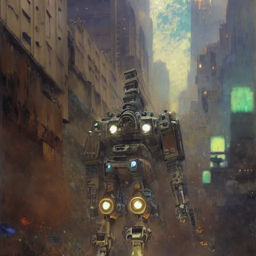 Image similar to six meters tall mech fighting in an urban environment, minigun, by gaston bussiere craig mullins jc leyendecker gustav klimt artgerm greg rutkowski john berkey, bergey, craig mullins, ruan jia, raymond swanland, jeremy mann, tom lovell, alex malveda