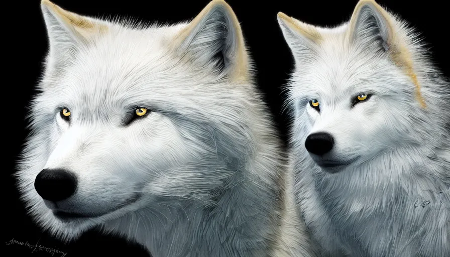 Prompt: white wolf with blue electric eyes by james gurney, hyperdetailed, artstation, cgsociety, 8 k