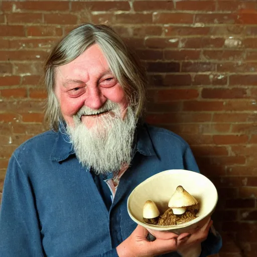 Prompt: robert wyatt smiling with open mouth, staring at his bowl of amanita mushrooms