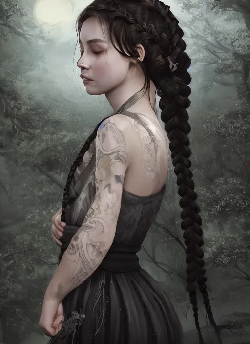 Prompt: a beautiful, smooth digital painting of a daughter of the moon clan, with long, black, braided hair. nightime, low light, dark forest. strong, dabbled light falls on her face. highly detailed, sharpness. victorian dress. hyper realistic. trending on artstation.