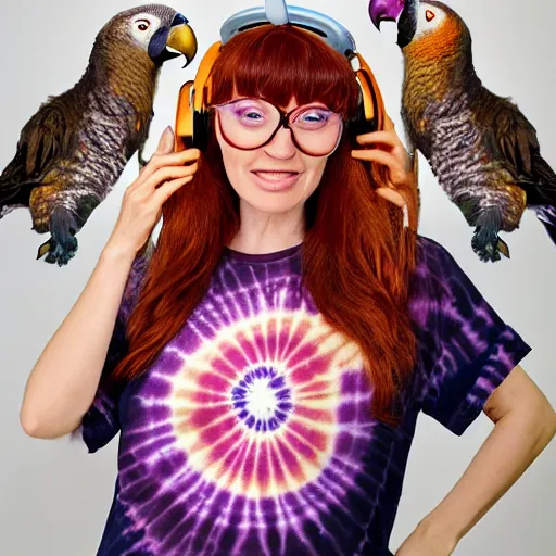 Image similar to a stunning hyper-detailed portrait photo of a beautiful bespectacled woman with long auburn hair and bangs, wearing a tie-dye t-shirt, wearing futuristic headphones and posing with her raccoons and parrots in an overstuffed easy chair in her sunlit living room, holding a coffee mug decorated with parrots, and holding a strawberry-glazed donut and smoking an elaborate hookah, perfect eyes, octane render, unreal engine, 85 mm lens,