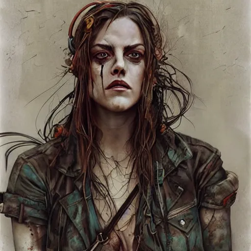 Image similar to riley keough as an apocalyptic wasteland wanderer, steelpunk, abandoned steelworks, grime and grunge, in the style of adrian ghenie, esao andrews, jenny saville,, surrealism, dark art by james jean, takato yamamoto, kodak ektar