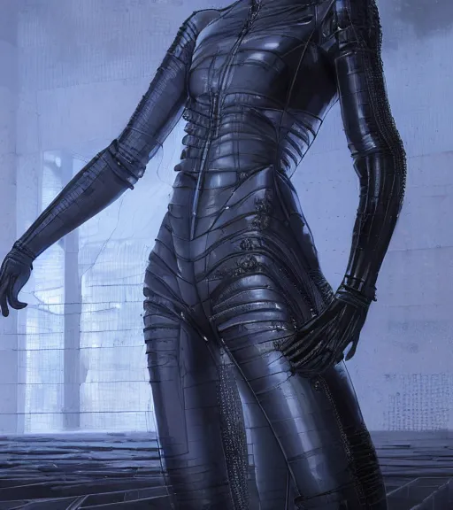 Image similar to tarkovsky greatest scene, the ancient destroyed majestic tower of babylon, woman in gantz suit, futuristic cyber clothing, transparent puffer jacket, hyperrealistic, blockchain, cyber world, ambient lighting, concept art, intricate, hyper detailed, smooth, dynamic volumetric lighting, octane, ray trace, cinematic, high quality, cgsociety