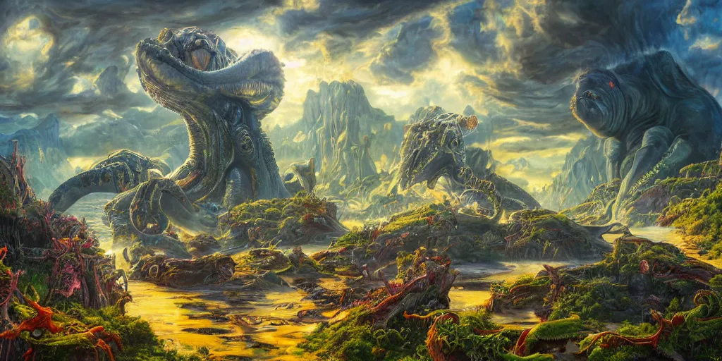 Image similar to fantasy oil painting, great leviathan, cybernetic turtle cephalopod terrapin reptilian pachyderm squid, bella hadid, hybrid, milla jovovich, anubis, epic natural light, lush plants flowers, spectacular mountains, bright clouds, luminous sky, outer worlds, golden hour, michael cheval, edward hopper, michael whelan, vray, hd