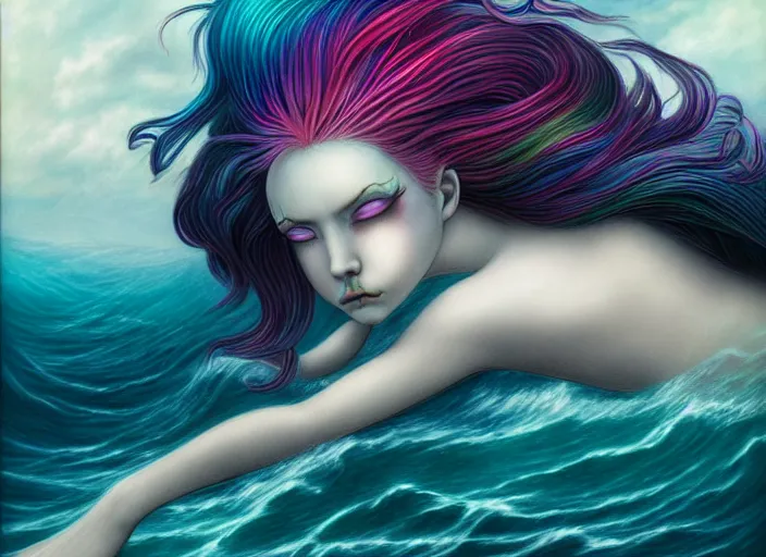 Image similar to realistic detailed image of a mermaid with rainbow hair swimming in an angry, stormy sea, anime art, anime, inspired by Mark Ryden and Zdzislaw Beksinski and Zdzislaw Beksinski, gothic, rich deep colors. A masterpiece.