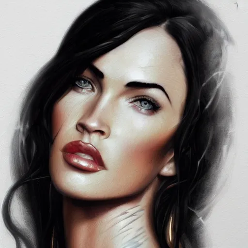 Prompt: portrait of megan fox in black business suit, fantasy, intricate, elegant, highly detailed, digital painting, artstation, concept art, matte, sharp focus, perfect face symmetry, illustration, art by aenaluck and roberto ferri and greg rutkowski, epic fantasy, digital painting