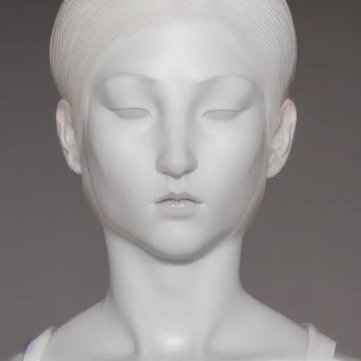 Image similar to full head and shoulders, beautiful female porcelain sculpture by daniel arsham and raoul marks, smooth, all white features on a white background, delicate facial features, white eyes, white lashes, detailed white, lots of real pastel blue hair in a winding geometric hairstyle on the head